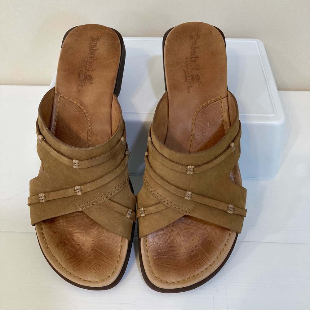 Timberland Comforia System Slide Sandals Sz 7 Brown Leather Slip On